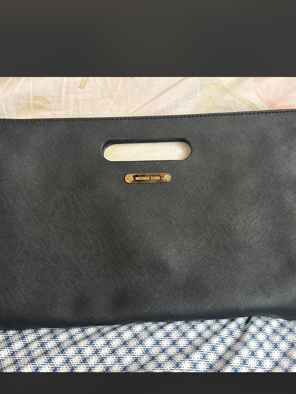 Michael Kors Black Saffiano Leather Cutout Handle Clutch